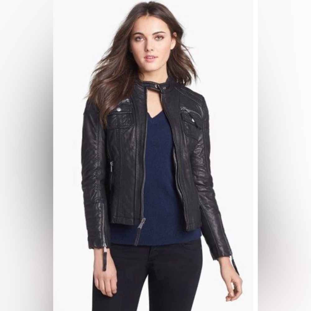MICHAEL - Michael Kors Genuine leather Moto Jacket. Black. Zip pockets. Size: XS